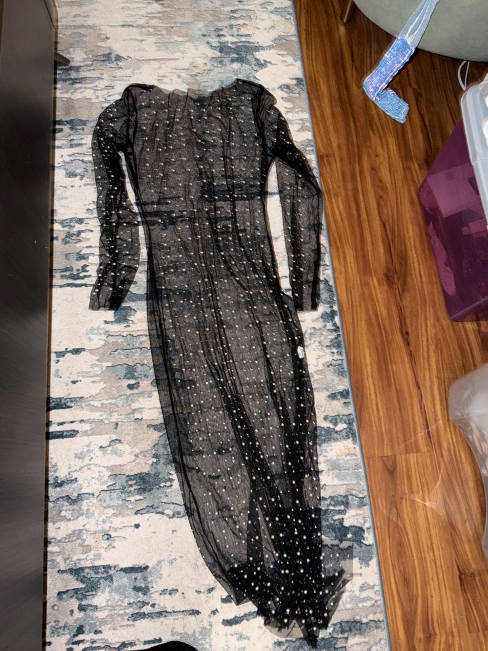 Black Sheer Long Sleeve Maxi Dress with Embellished Dots